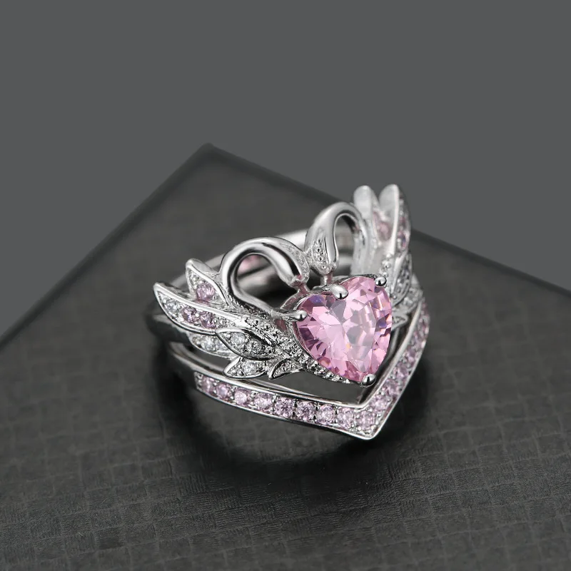

Luxury Swan Pink Shiny Heart Zircon Rings For Women Romantic Couples Jewelry 2Pcs Combination Finger Ring Valentine's Day Gift