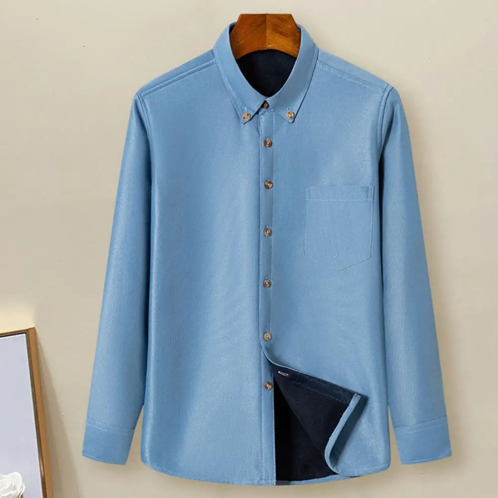 

Stylish Men Fleece Shirt Polyester Autumn Winter Fashion Pocket Bottoming Shirt Lapel Long Sleeve Men Top for Office