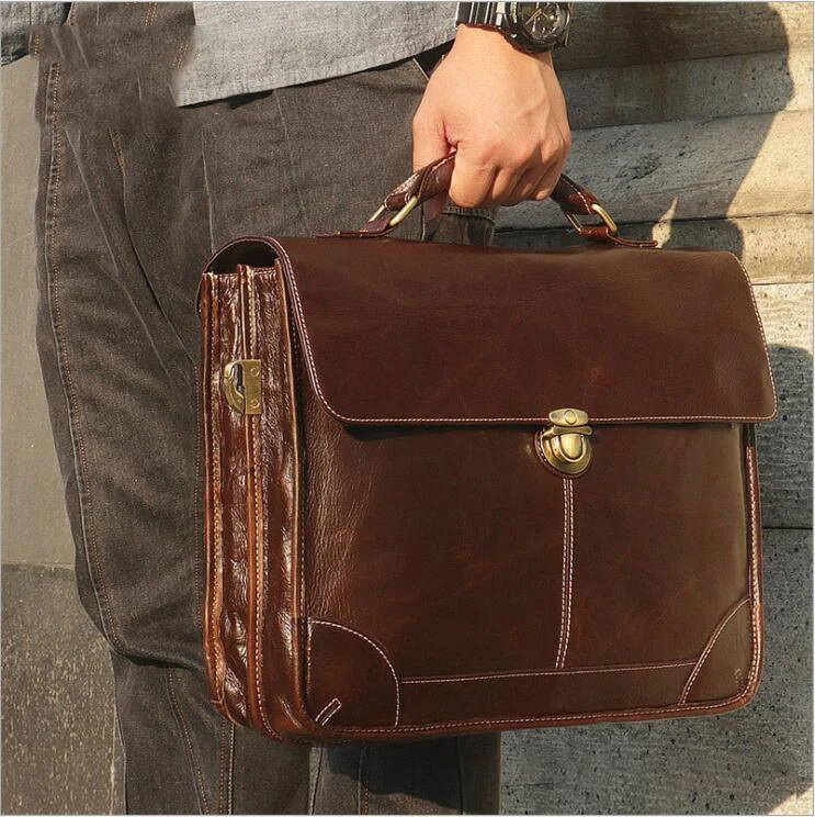 Retro Genuine Leather Men Laptop Bag Wax Leather Briefcase Business Office Bags Brown Male Laptop Portfolio Case Messenger Bag