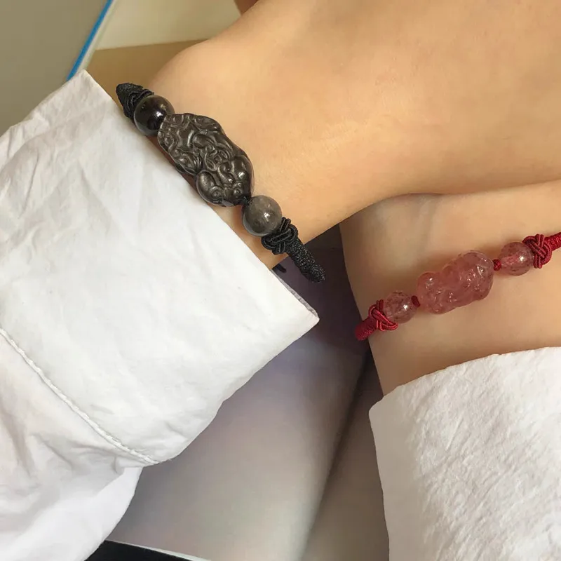 

Natural strawberry crystal pixiu woven red rope bracelet obsidian pixiu lovers hand rope bracelet lovers gift fresh and sweet