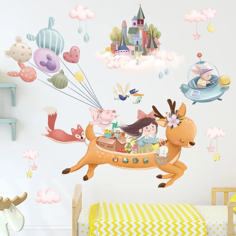 

Cartoon Fantasy Deer Wall Posters for Kids Room Decoration Knight Balloon Wall Decals Removable Self-adhesive Wallpapers
