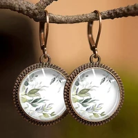 hot sale new retro fashion time gemstone earrings round flower botanical jewelry earrings gift