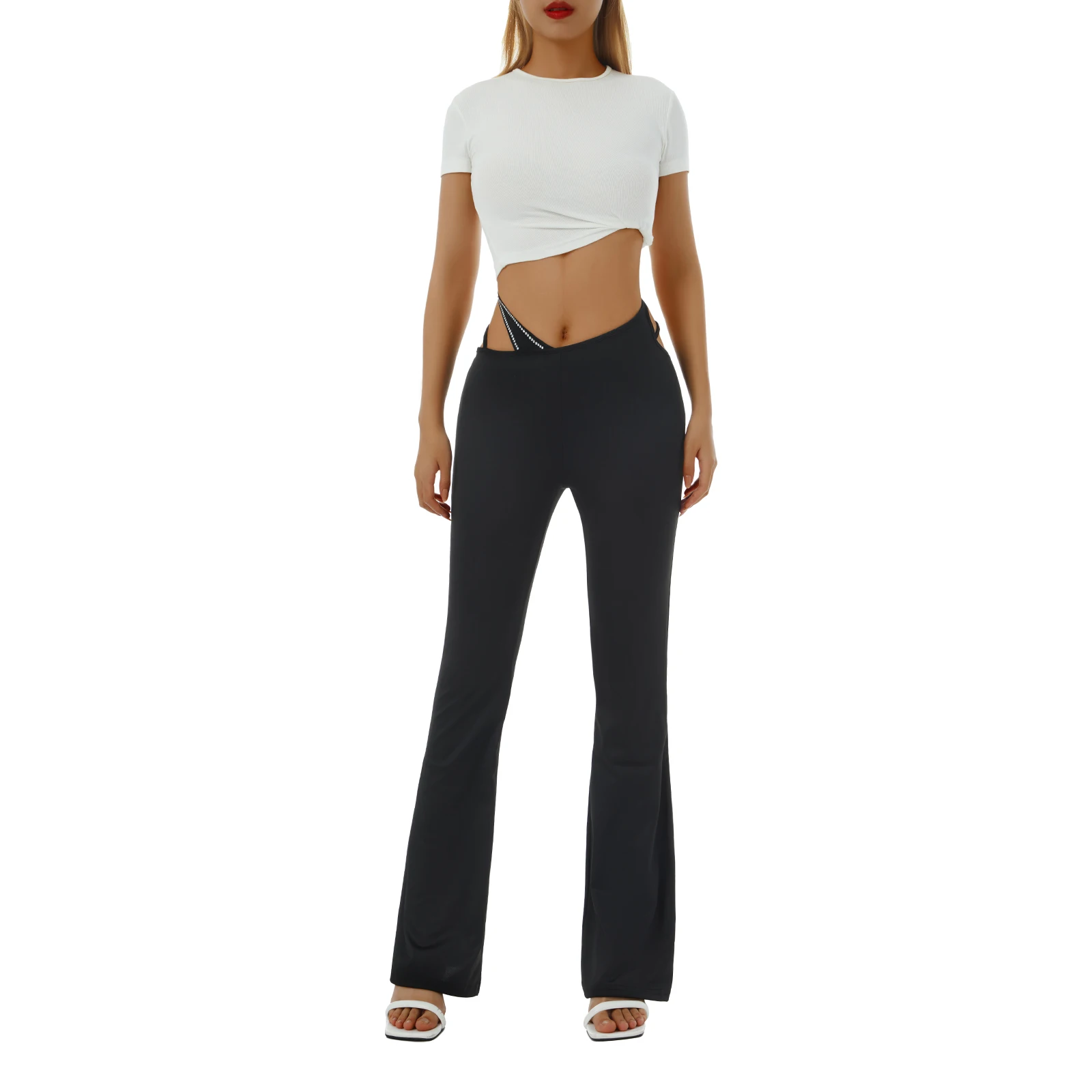 

Women Flared Pants, Elastic Tie Up Rhinestone Waist Decoration Solid Color Casual Trousers