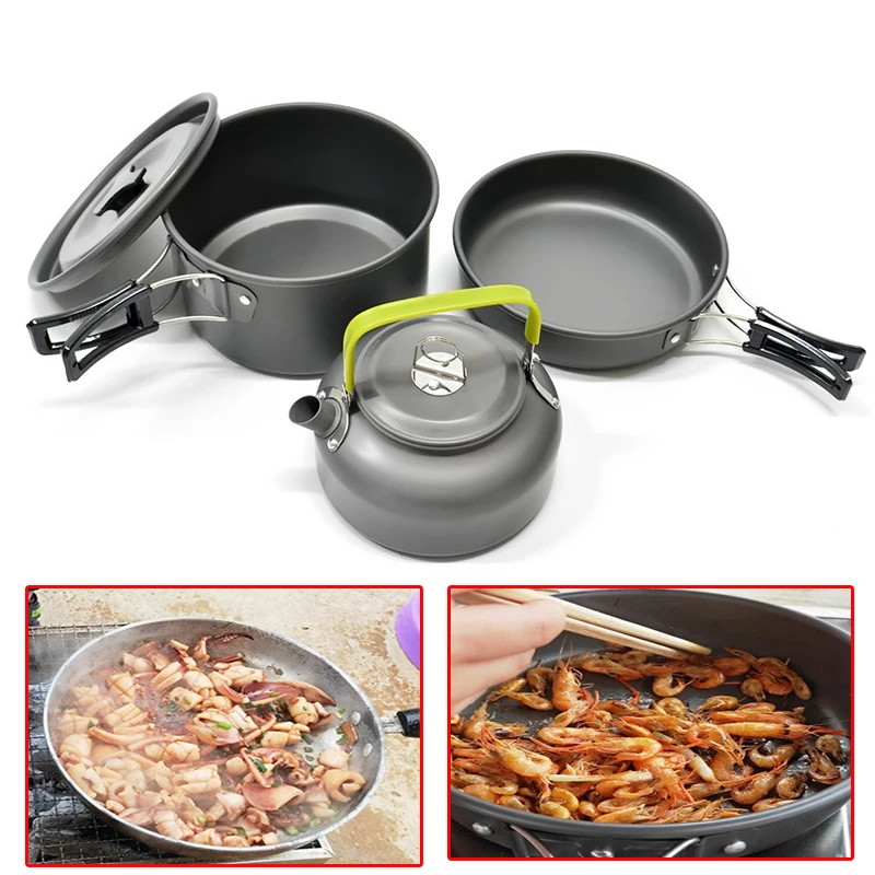 

Portable Camping Cookware Kit Outdoor Aluminum Cooking Set Water Kettle Pan Pot Travelling Hiking Picnic BBQ Tableware Equipment