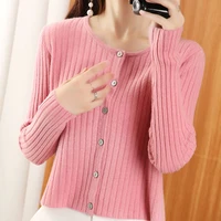 womens clothing wool knit cardigan spring and autumn round neck ladies sweater pit strip slim short long sleeve top small coat