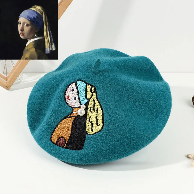 Girl With a Pearl Earring New 90% Wool Beret Hat for Women Winter Artist Beanie Hat High Quality Cap Unisex Embroidered Warm Cap