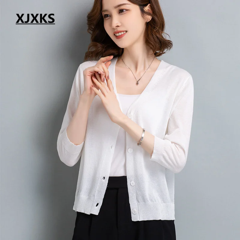 

XJXKS Fashion V-neck Seven-part Sleeve Cardigan 2023 Summer New High-quality Linen Knit Single-breasted Jacket