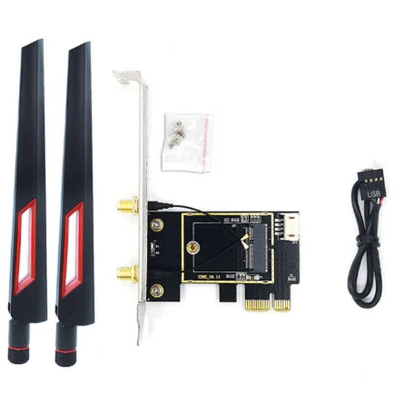 

NGFF M.2 To PCIE Wireless Network Card Adapter Card With 10DB Antenna Supports 7260 8265 1650 1675X AX200 AX210