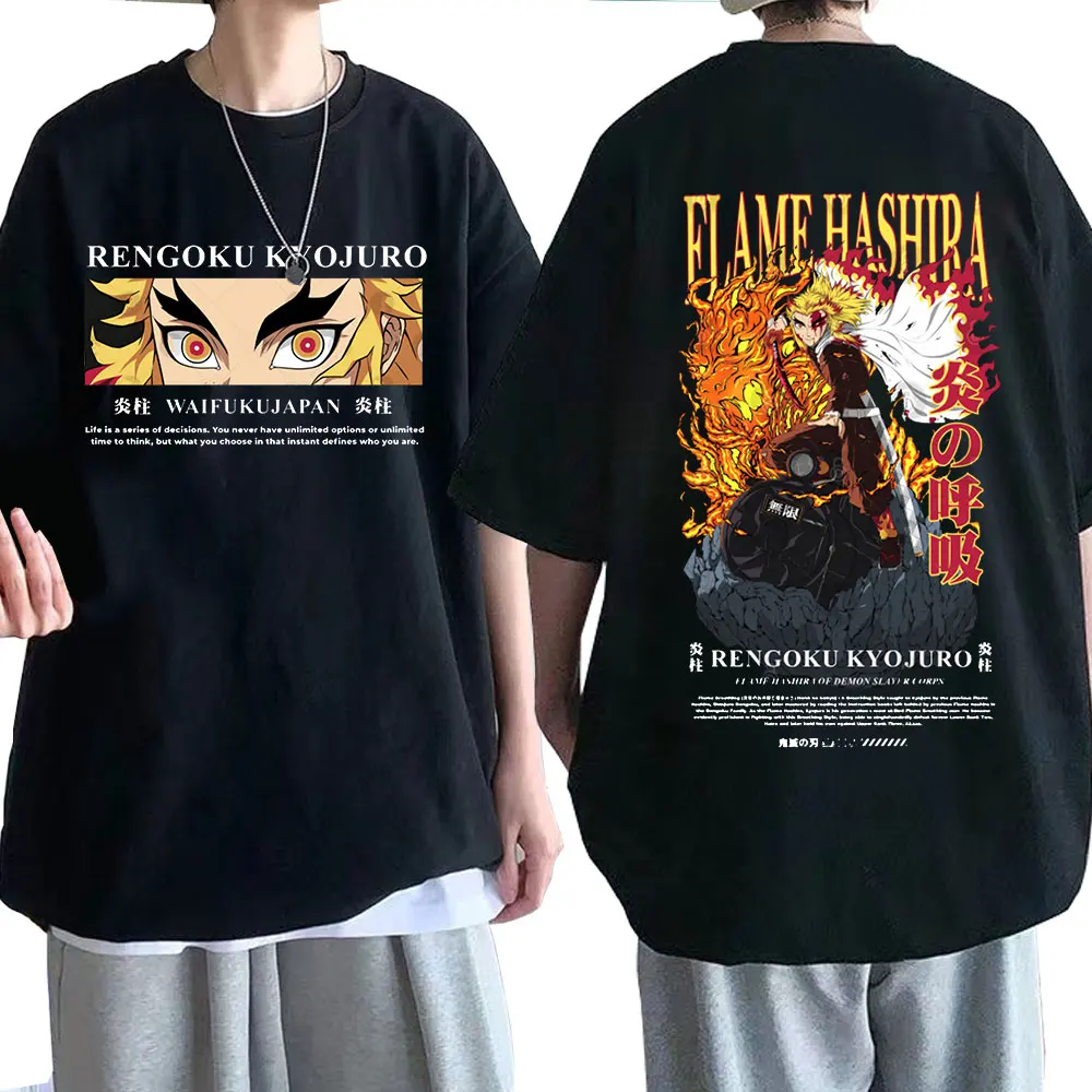 

Rengoku Kyoujuro Double Sided T-Shirt Demon Slayer Anime Kimetsu No Yaiba T Shirts Short Sleeve Hip Hop T Shirt Cotton Tee Shirt