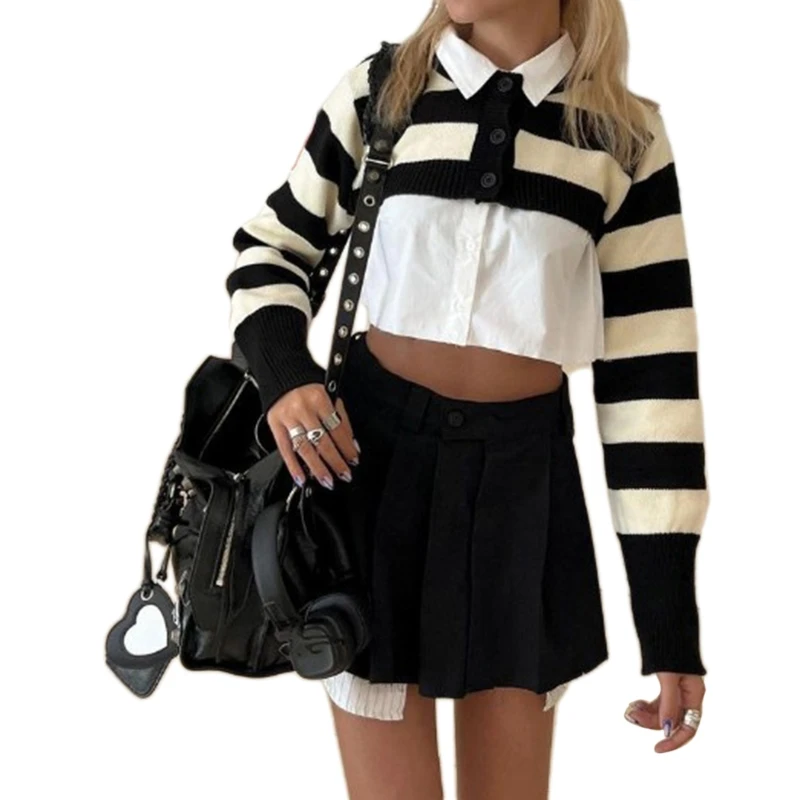 

Y2K Retro Knitted Crop Top Long Sleeve Smock Shirt Women Tees