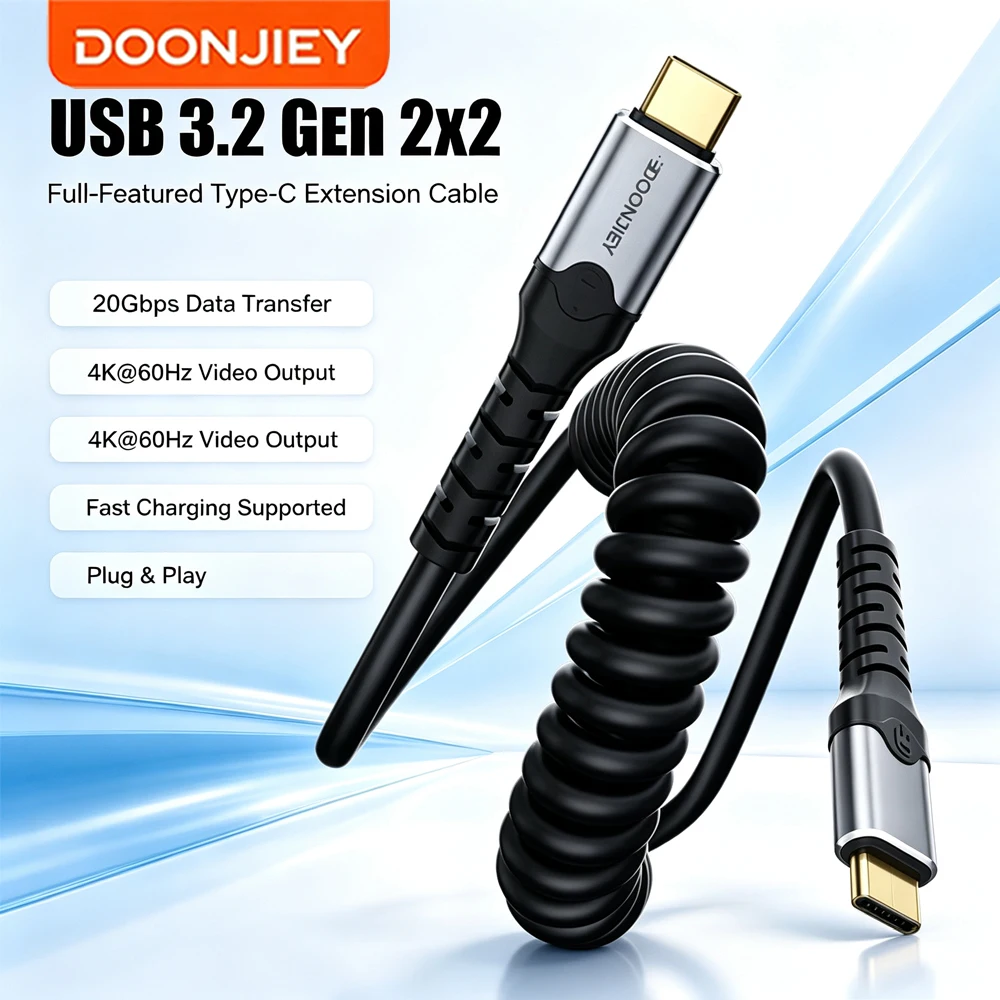 Фото Кабель DOONJIEY Spring Coiled Type C, полнофункциональный USB3.2, 100W PD, совместимость с 4K видео, Thunderbolt 3 4 для MacBook и iPad. №2