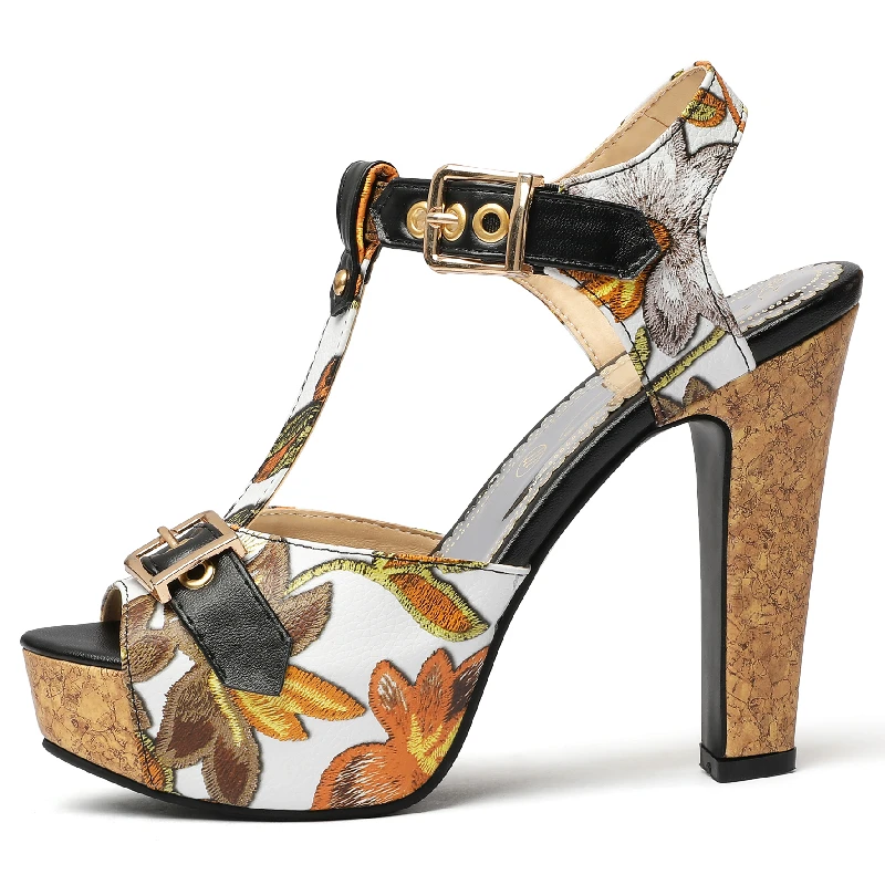 

Сандалии женские с открытым носком, босоножки на платформе и высоком каблуке, с Т-образным ремешком, с цветочным принтом, модная обувь для ве...