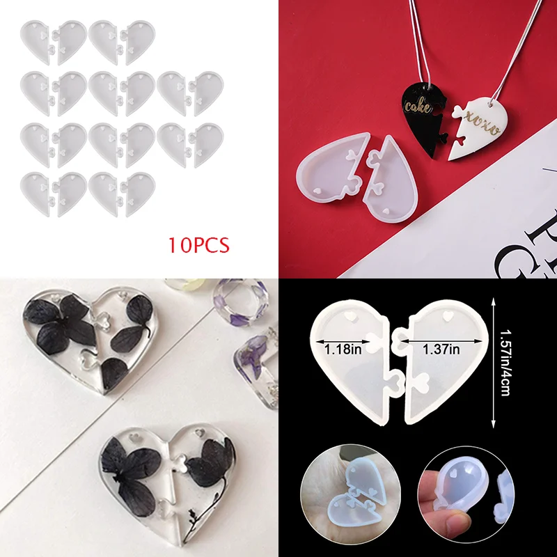 

10 Pcs Heart Shape Silicone Mold with Hole Lovers Puzzle Pendant Casting Molds for DIY Keychain or Jewelry Making