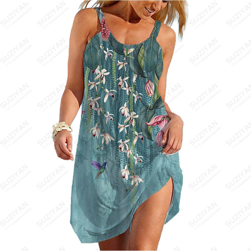 

2023 New Fashion Fragmented Flowers Sexy Beach Skirt 3D Print Color Women's Sleeveless Dress Hawaii Vintage Beach Skirt Pajamas