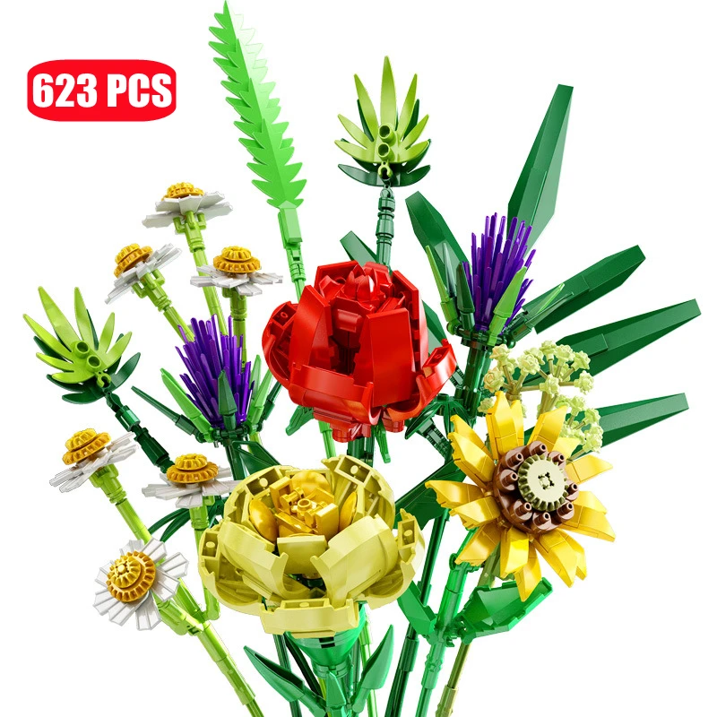 

623Pcs Flowers Sunflower Building Block Bouquet Small Particles Compatible with Lego Assembled Flower Holiday Gift Adults Toy