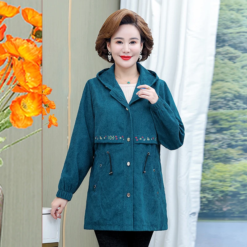 

Вельветовое пальто для женщин среднего и пожилого возраста, новинка 2022, весенняя куртка на молнии с капюшоном, осенние пальто, верхняя одежда, платье для мам