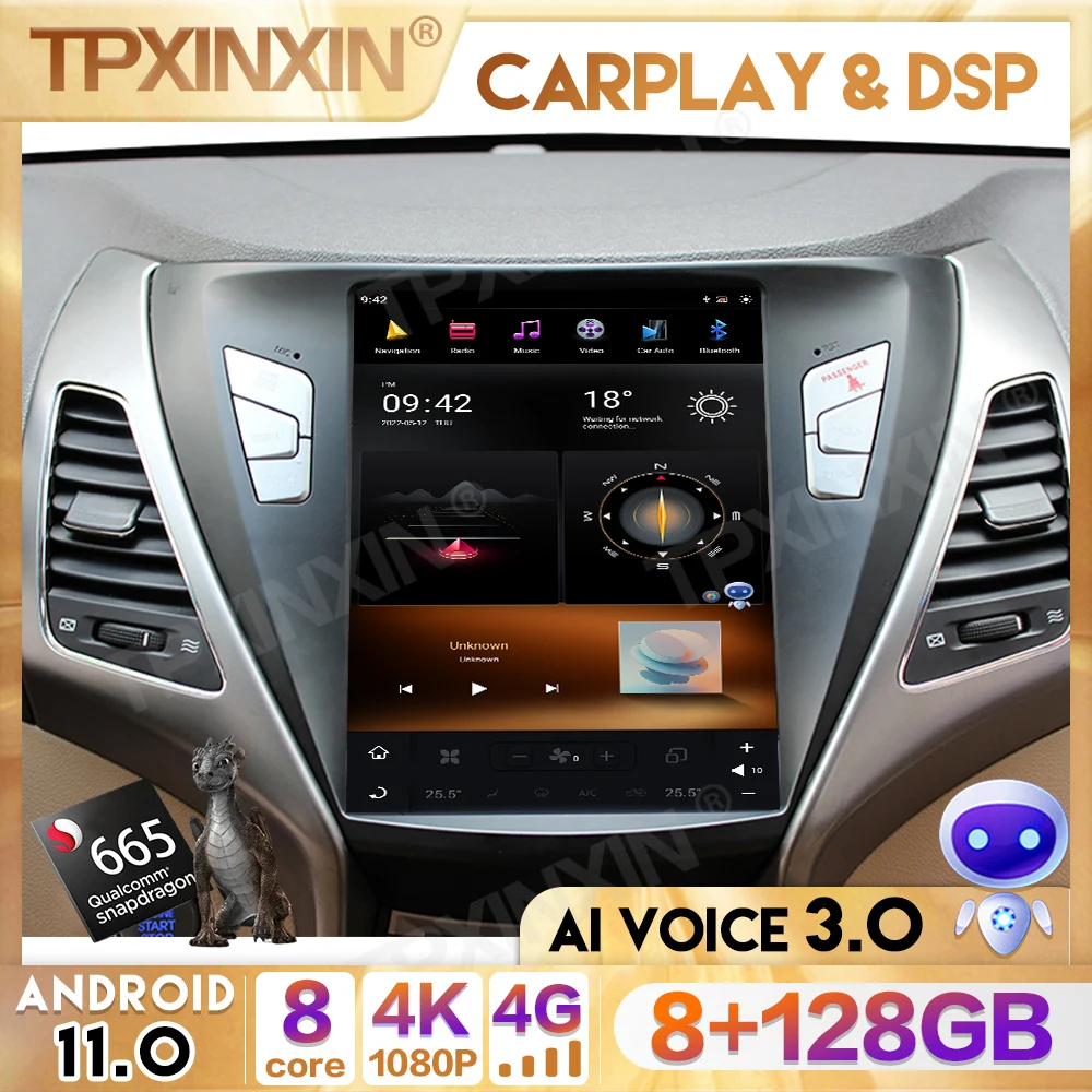 Radio con GPS para coche, reproductor Multimedia estéreo con CarPlay, 2 din, estilo Tesla, Qualcomm, Navi, para Hyundai Elantra 2012 - 2018
