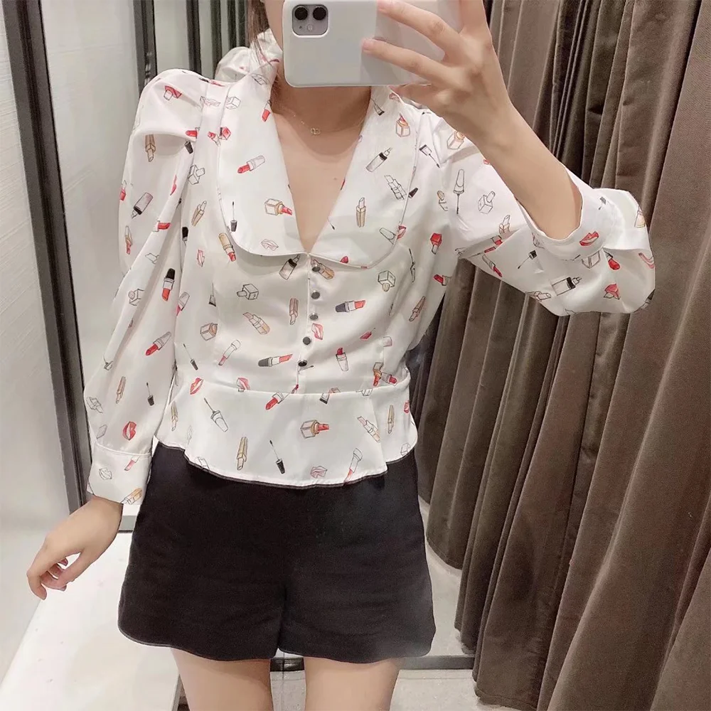 

Women's 2022 Chic New Fashion Printed Silk Satin Textured Shirt Lapel Button Retro Long Sleeve Female Blouse Mujer