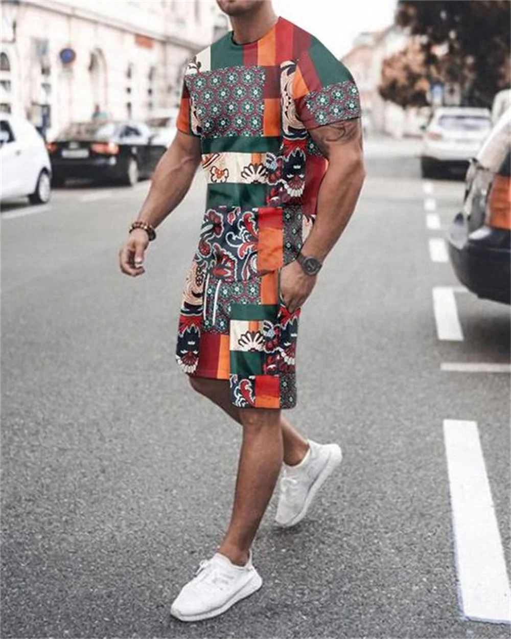 Summer Two-piece Fashion Casual Short-sleeved T-shirt Short Suit Men's Hipster Streetwear Retro Print Breathable 2-piece Set