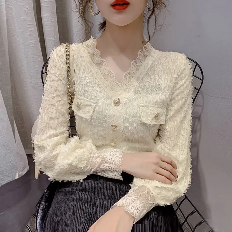 

2022 Women Spring Autumn Fashion V-neck Lace Shirts Female Long Sleeve Slim Blouses Ladies Single Breasted Casual Shirts U350