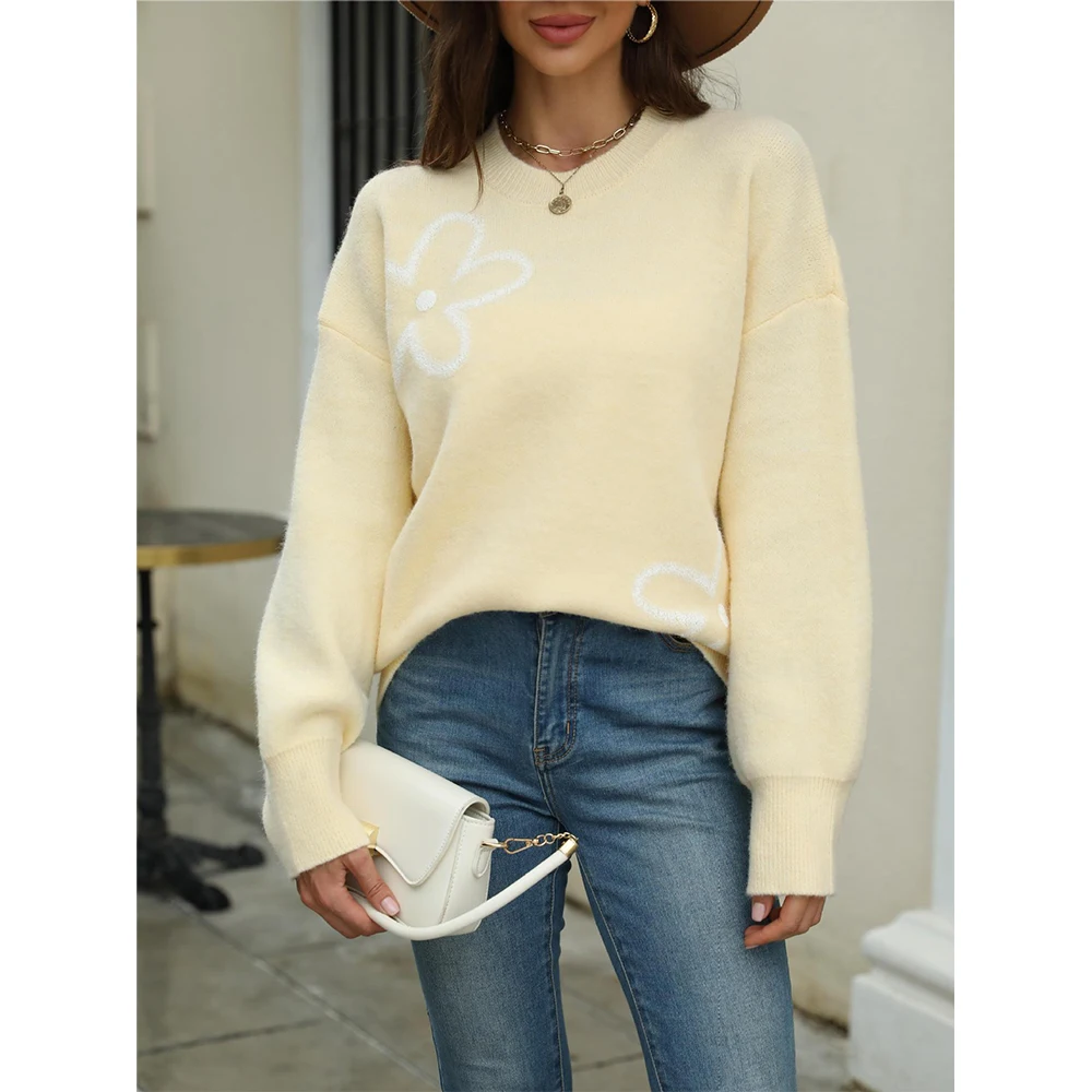 Женский трикотажный пуловер с длинным рукавом цветочным принтом