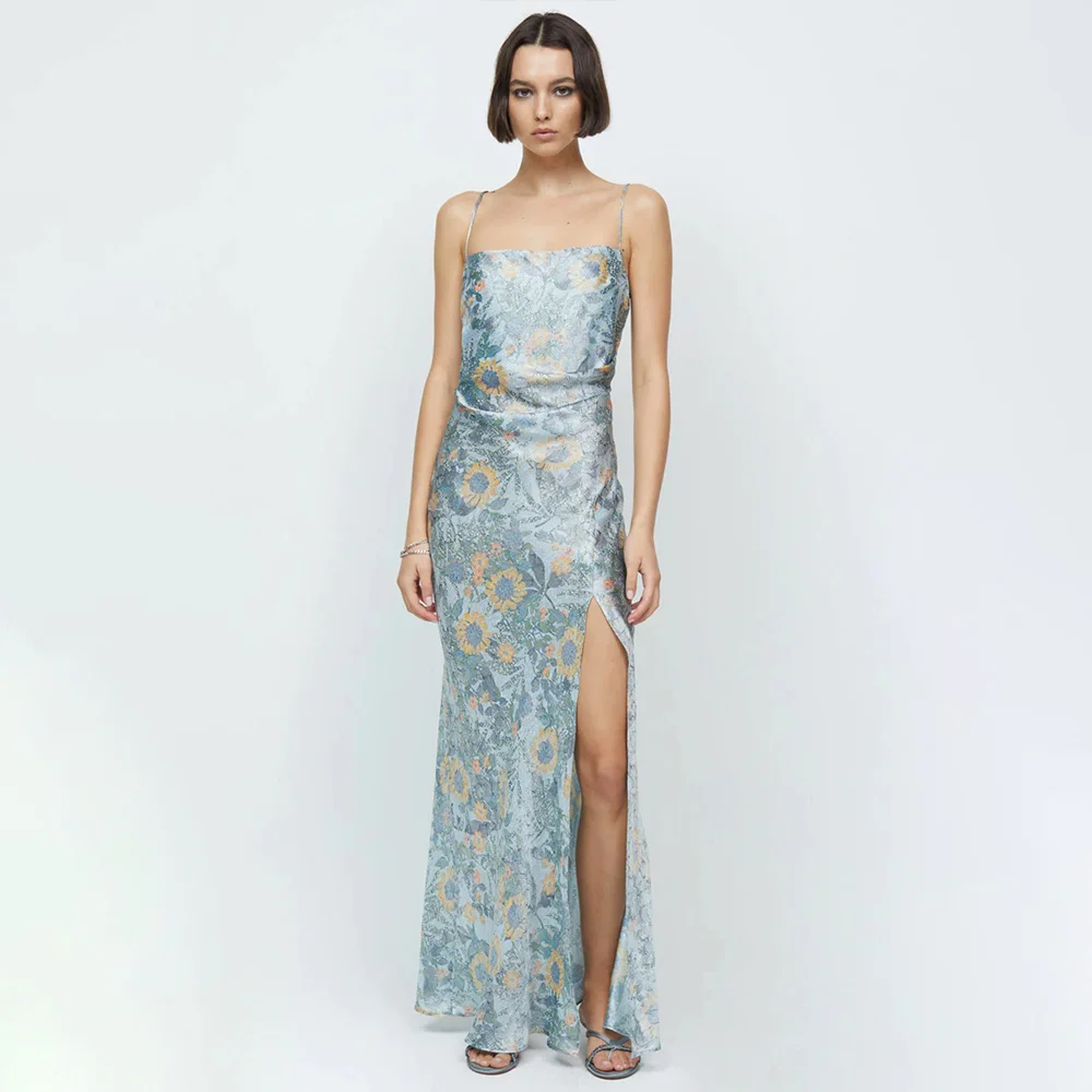 23 Summer design niche grey and blue printed high waist strapless high split dress
