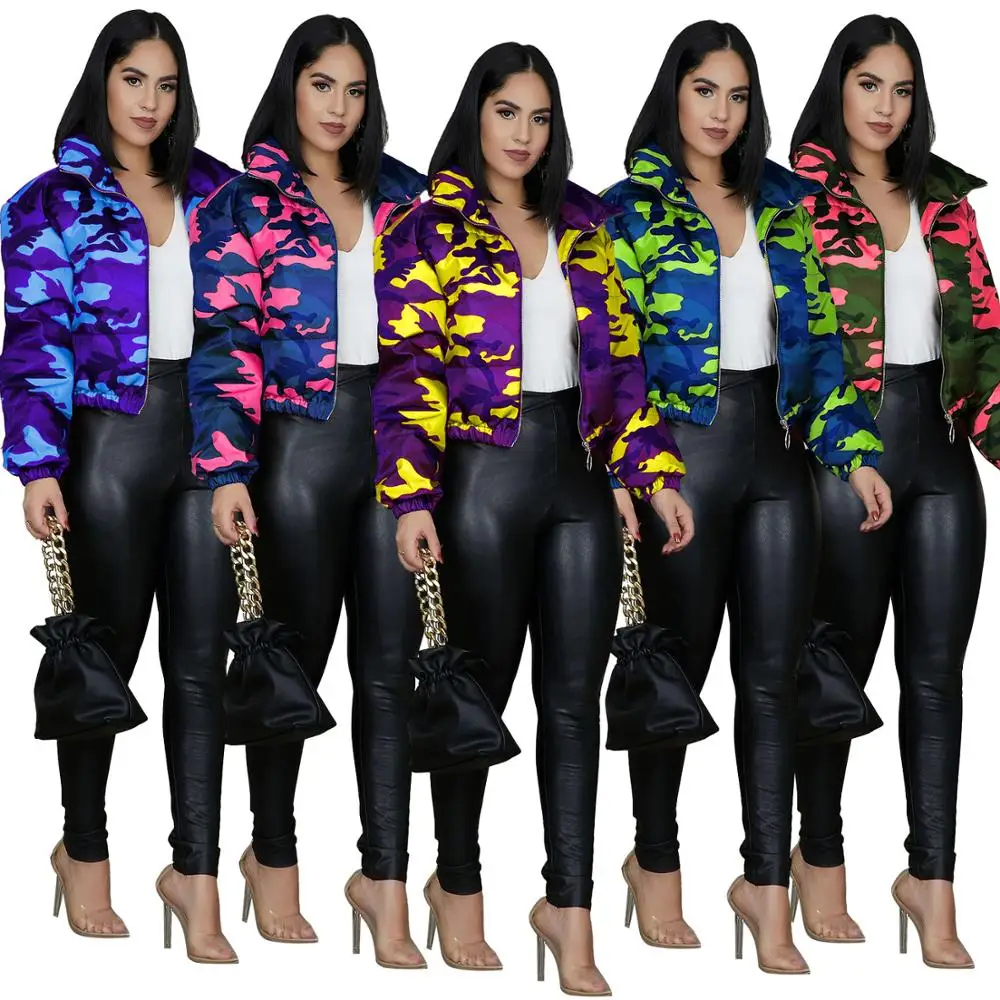 2021 Winter Women Short Parkas High Collar Full Sleeve Zipper Camouflage Print Coats High Street Outwear Night Club Jacket Tops