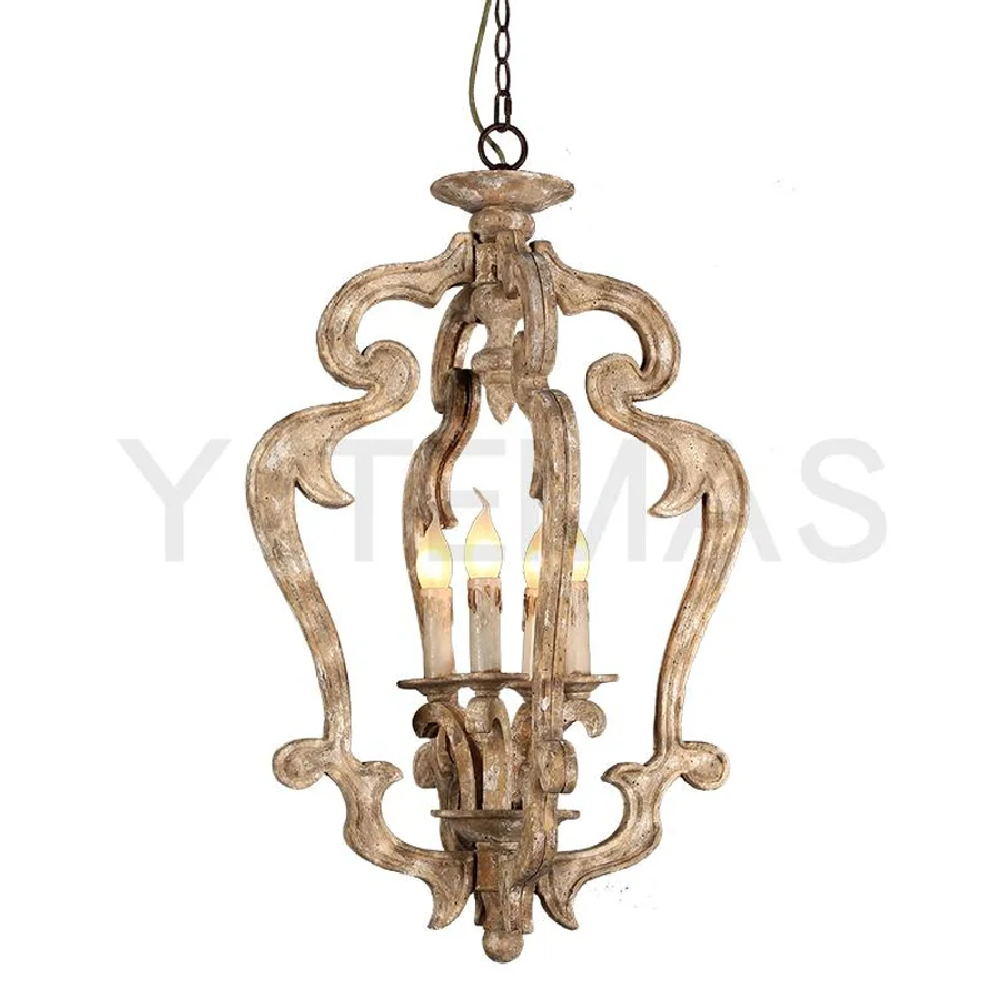 

American country antique wood chandelier retro solid wood carving lamp vintage loft children room bedroom dinning room light