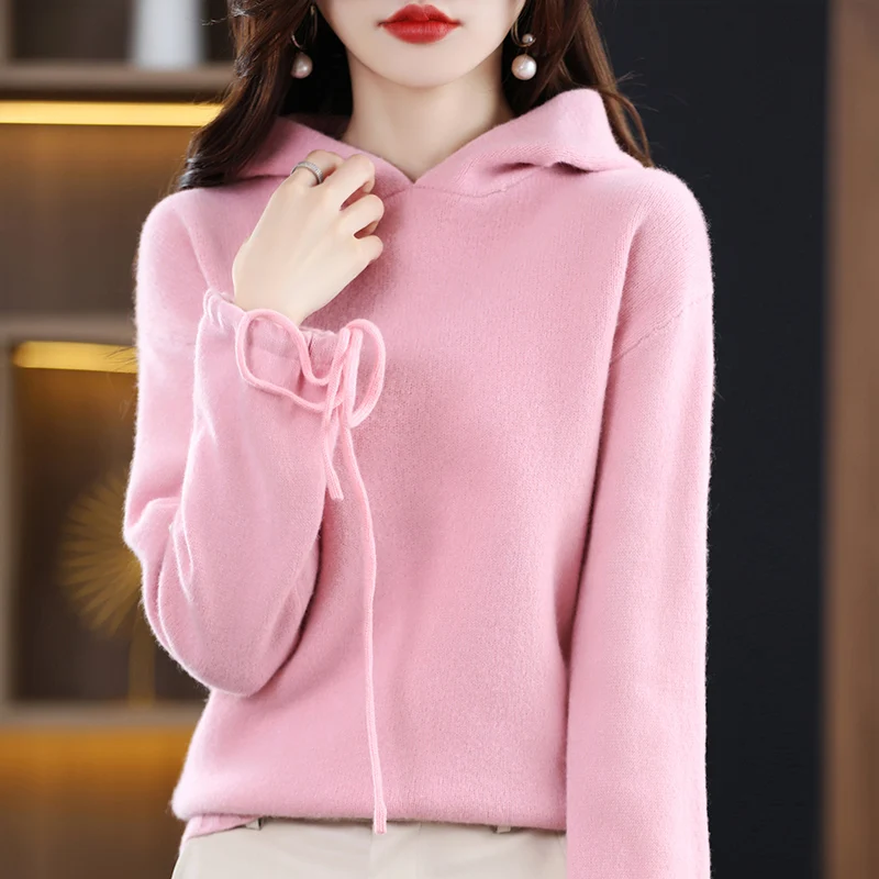 Hot Sale 100% Pure Wool Women's Hooded Sweater Solid Color Knitted Long Sleeve Cashmere Sweater Fashion Trend Women's Pullover