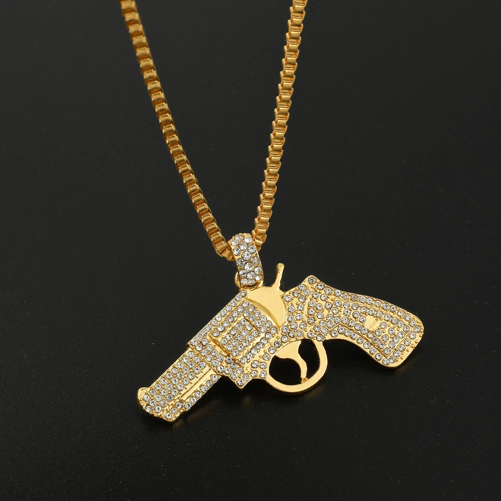 

Hiphop Iced Out 5A Cubic Zircona Paved Necklace for Men Bling Fashion Gun Pistol Pendants Long Chain Cool Jewelry