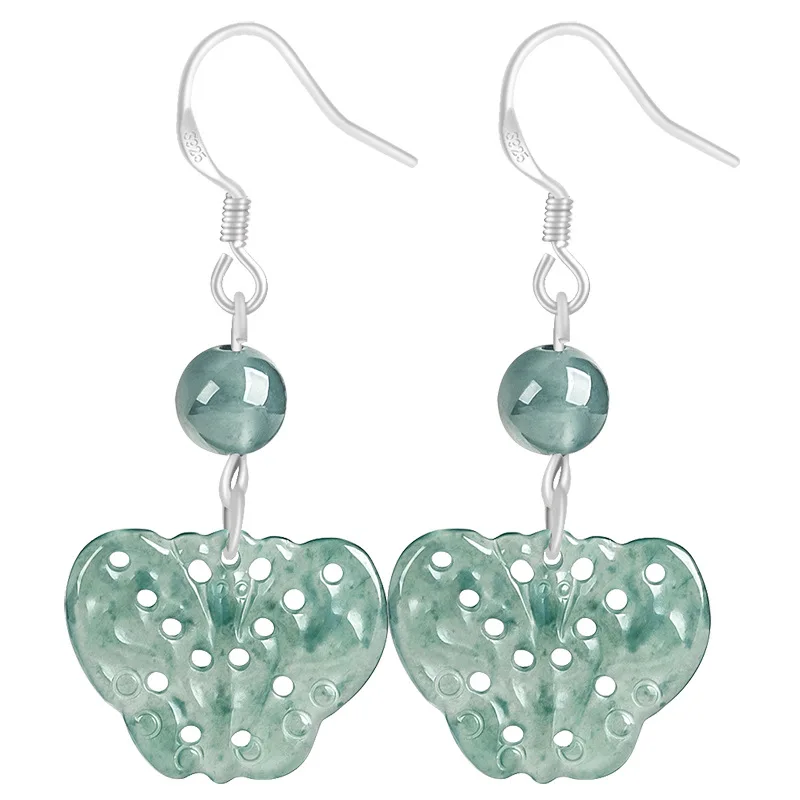 

High End S925 Sterling Silver Natural A Goods Jade Blue Water Butterfly EarringsIce Jade Ancient Style Women's Earrings Earrings