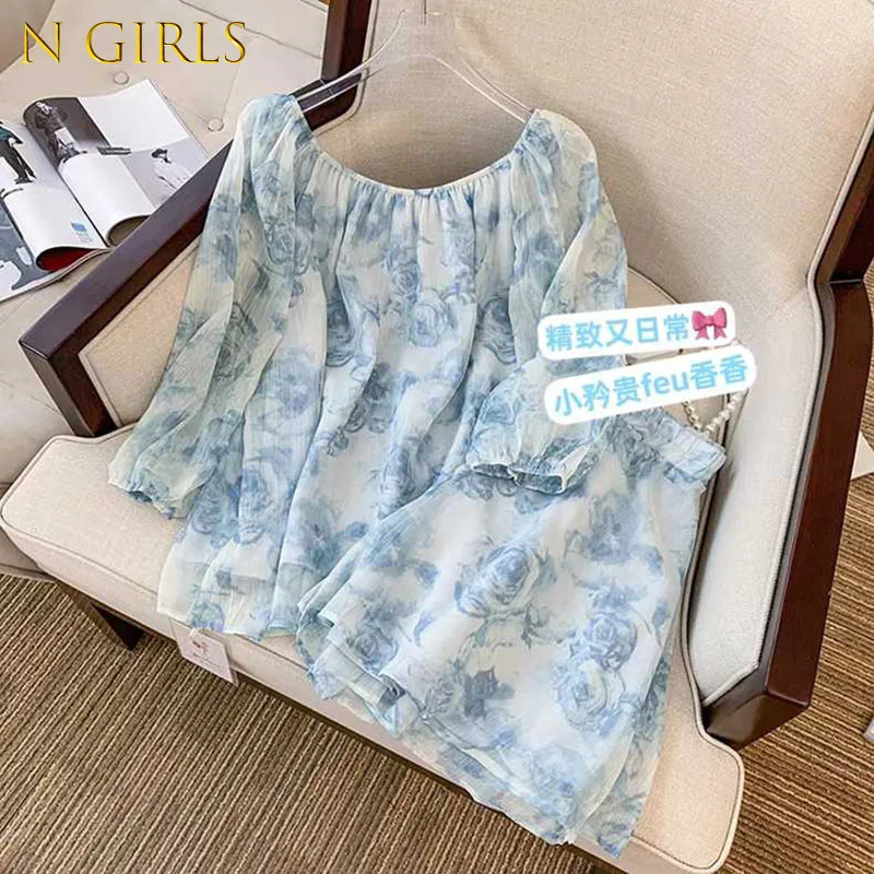 

Summer Ink Dyed Elastic Chiffon One-shoulder Long-sleeved Top Korean Dongdaemun Elastic Waist Skirts Two-piece Set Women Clothes