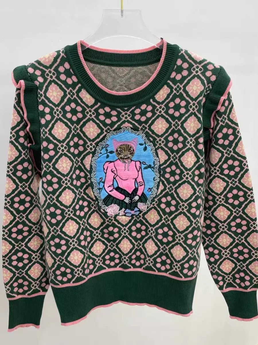 Осенний женский вязаный свитер в европейском стиле с мультяшным узором модные