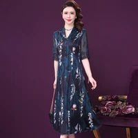 2022 spring french style retro printed chiffon ladies dress a line v neck dresses woman party night for middle aged mother