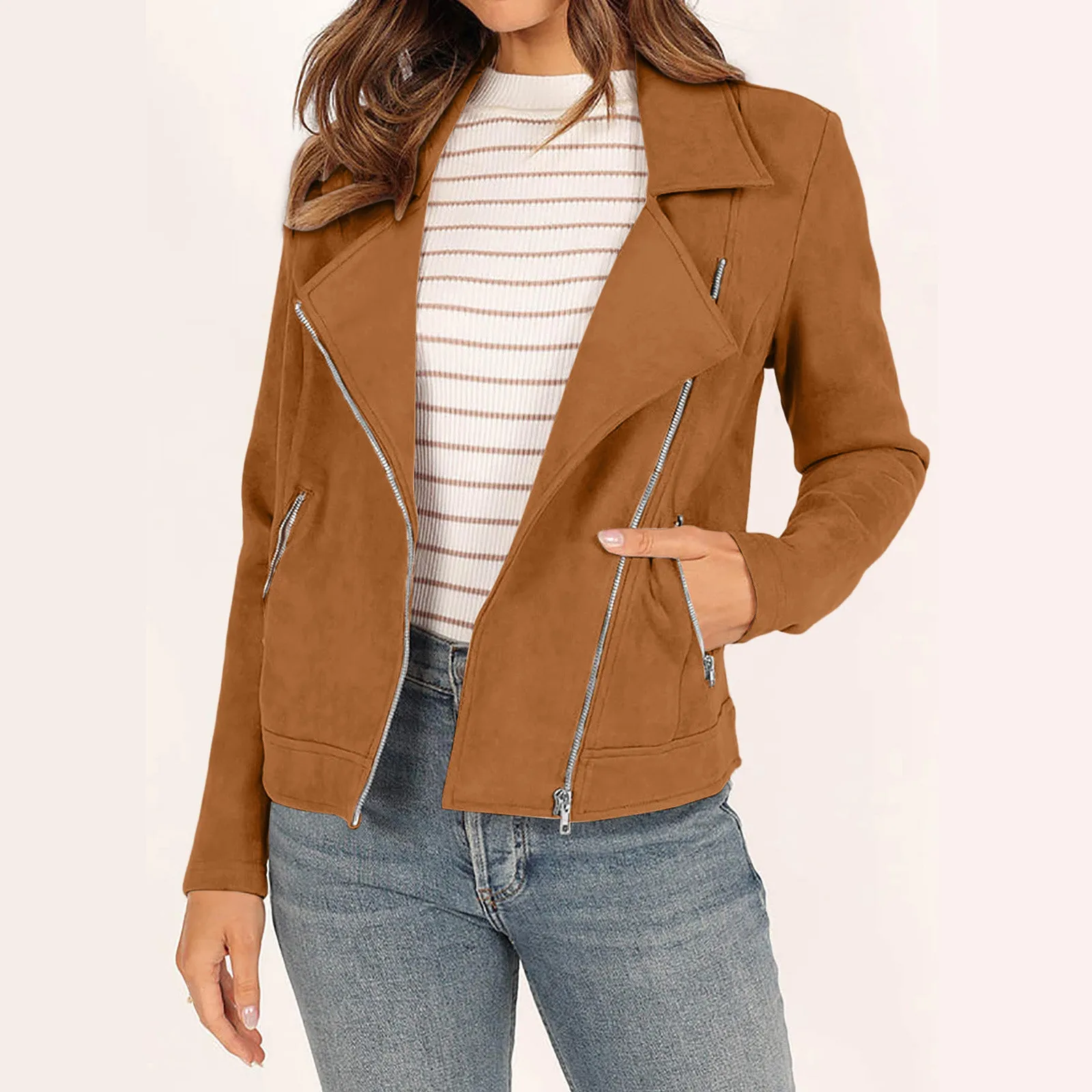 

Ladies Fashion Clothes Women'S Fall Faux Suede Moto Jacket Fashion Long Sleeve Zipper Short Casual Coats With Pockets