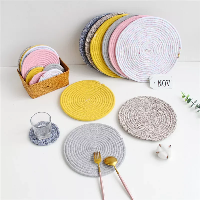 

2022New Cotton Rope Placemat Hand Woven Table Mats Napkin Tableware Drink Cup Coaster Insulation Pad Kitchen Dinner Home Decor