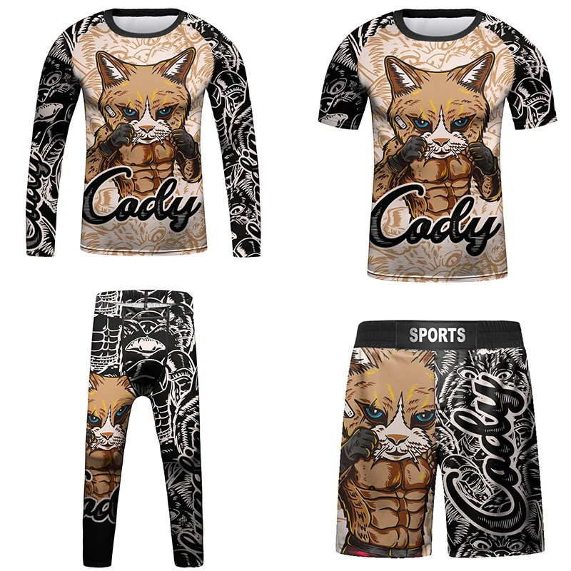 Фото Детские комплекты из футболки и штанов для занятий кикбоксингом Bjj Rashguard Jiu детские шорты для занятий в тренажерном зале для мальчиков Одежда для ММА компрессионные колготки №1