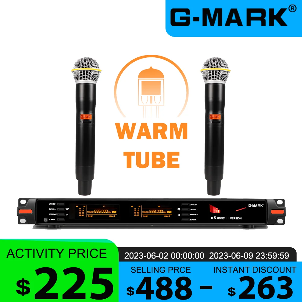 Tube Wireless Microphone G-MARK α8 Professional UHF Electronic Valve Karaoke Mic For Stage Church Party Show