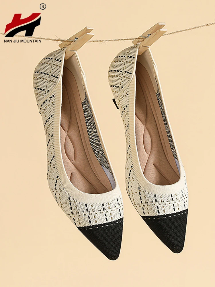 

2023 Spring Single Shoes Rhinestone Thin Heels Latex Insole Women High Heel Pointed Toe Knitted Shoes