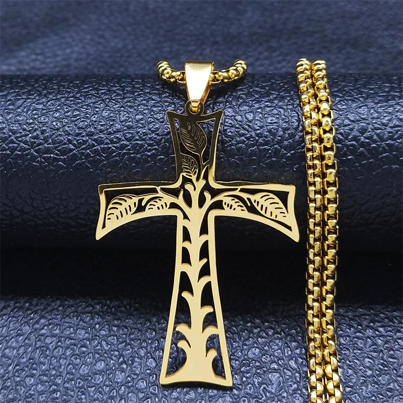 

2023 Tree of Life Cross Stainless Steel Chain Necklace Golden Necklace for Women Jewelry collar acero inoxidable mujer N8537