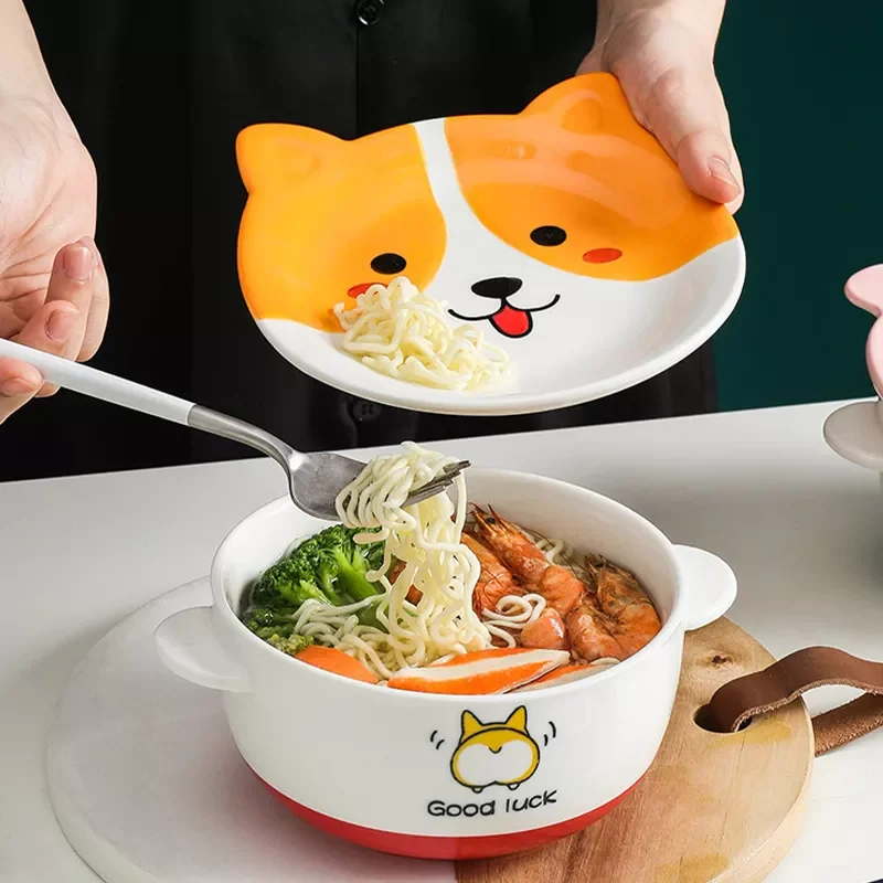 

Ceramic Animal Cute Ramen Bowl Instant Noodle Salad Rice Bowls with Lid Baby Candy Bowl Child Cartoon Kitchen Kawaii Dinnerware