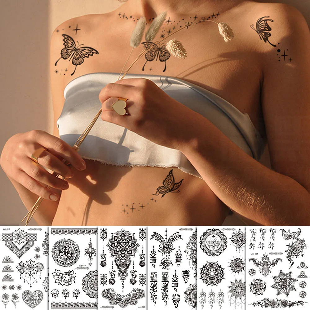 

Temporary Black Butterfly Tattoo Sticker Collarbone Fake Tattoo Henna Lace Flower Waterproof Long Lasting Art Women Beauty Body