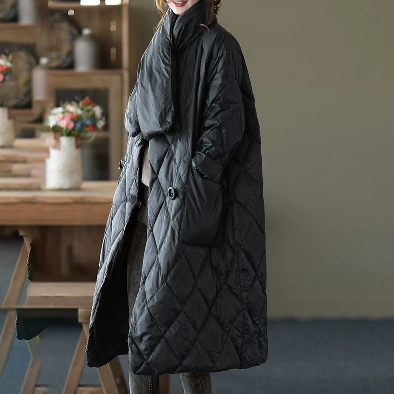 2022 New Korean Fashion Light Knee Length Down Coat with Scarf   coat women  winter jacket women  Long  Casual