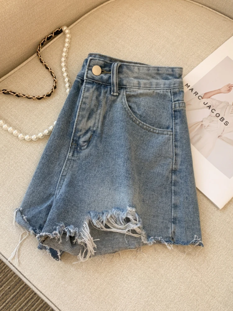 New Summer Wide Leg Denim Shorts Women Fashion High Waist Pockets Jean Shorts Lady Casual Solid Color Shorts