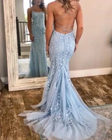 sky blue mermaid evening party dress spaghetti strap crisscross back lace tulle prom formal gowns robe de soiree vestidos fiesta