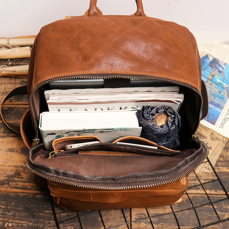Vintage Men and Ladies Outdoor Travel Backpack School Book Cowhide Backpack Brown Zipper 14 Inch Computer Notebook Bag images - 6