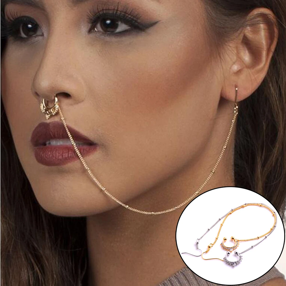 

Hot New Design Hollow Fake Nose Rings With Chain Fashion Ear Chain Long Dangle Nose Earrings For Women Unique Body Jewelry
