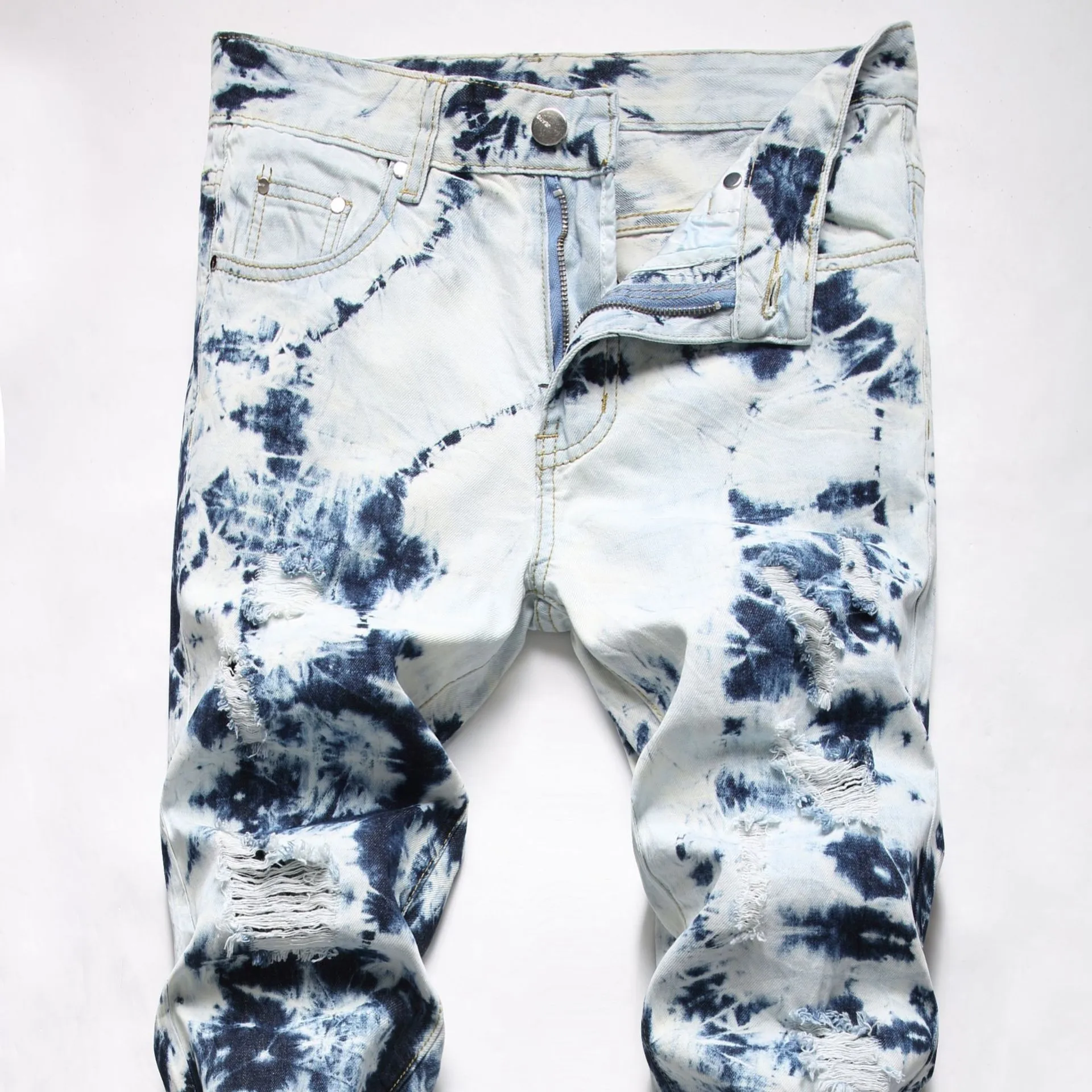 Mens Jeans Snowflake Tie-dyed Ripped Jeans Fashion Streetwear Men's Pants Spring and Autumn Full Length Deinm Pans