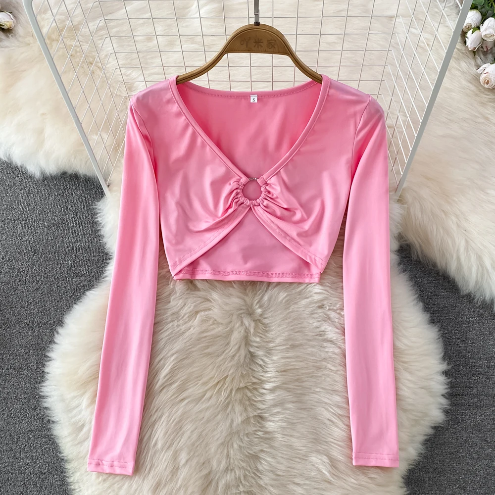 

Весенне-осенние сексуальные леггинсы в Корейском стиле, Однотонная футболка с длинным рукавом, v-образным вырезом, высокой талией и пуговицами для живота