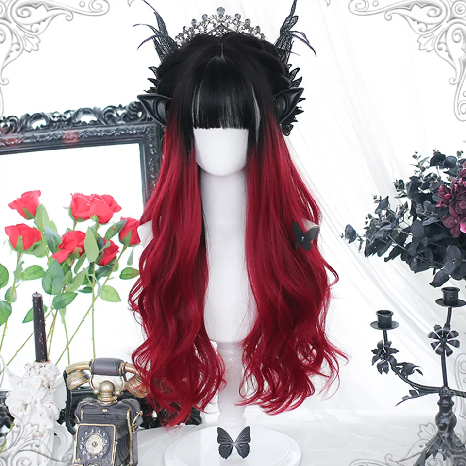 HOUYAN Synthetic wavy hair female black red bangs wig female high temperature fiber wig cosplay Lolita wig